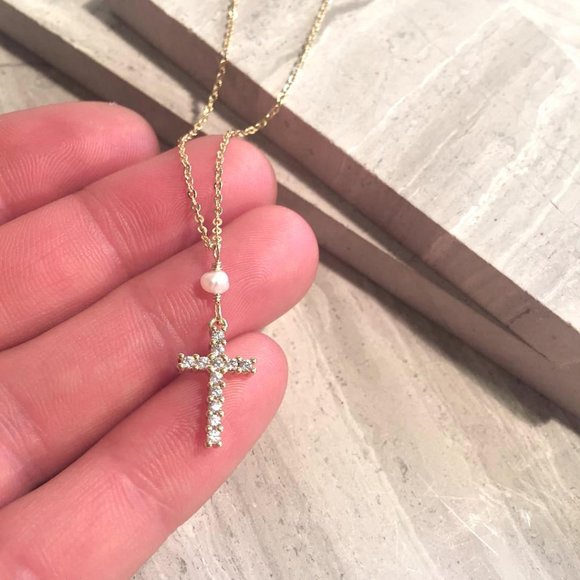 Tiny White Pearl CZ Cross Necklace Sterling Silver - Picture 2 of 4